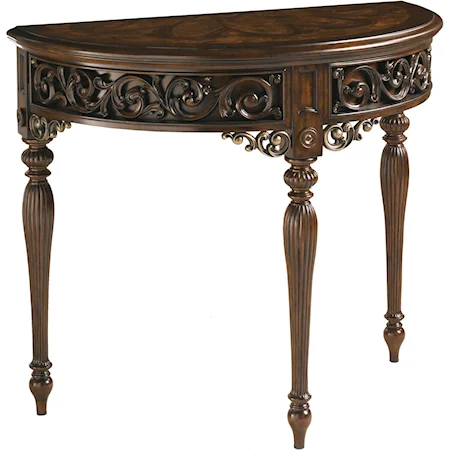 Tangiers Demilune Console Table with a Marquetry Patterned Tabletop & Decorative Apron Design